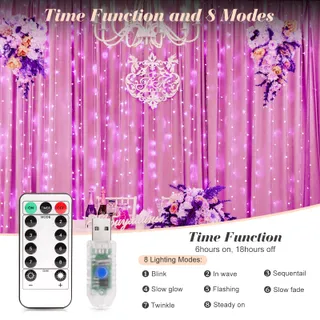 YIZHET Lichtgordijn 3x3m 300 LED Roze 8 Modi IP65 — miniatuur 3