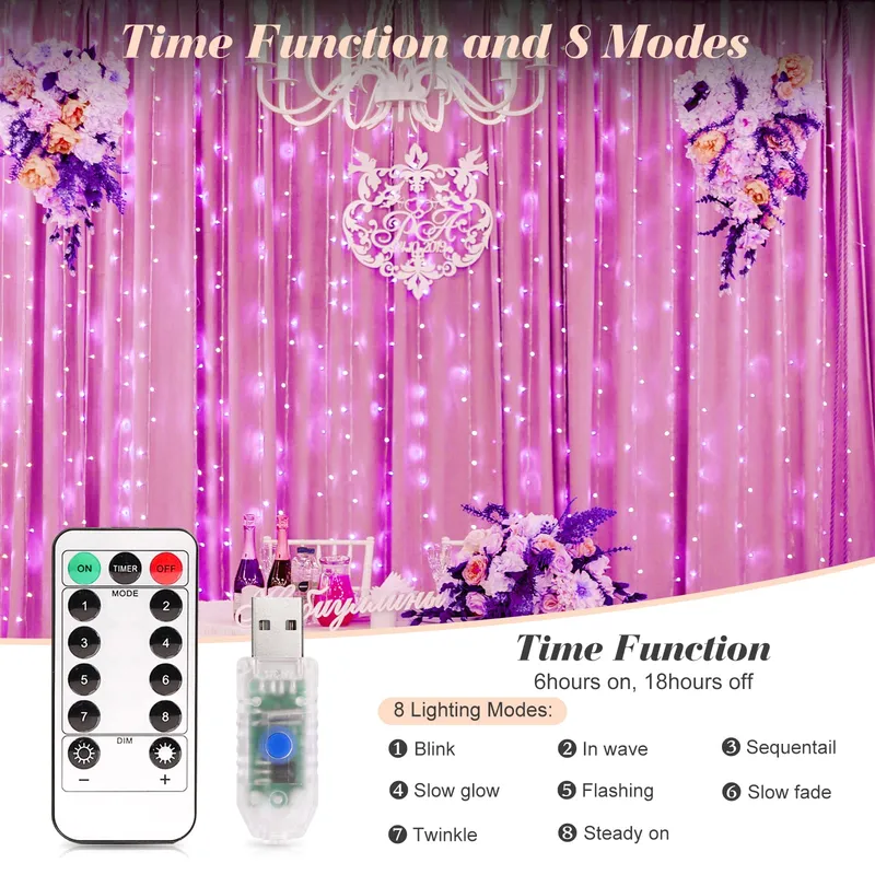 YIZHET Lichtgordijn 3x3m 300 LED Roze 8 Modi IP65 β foto 3