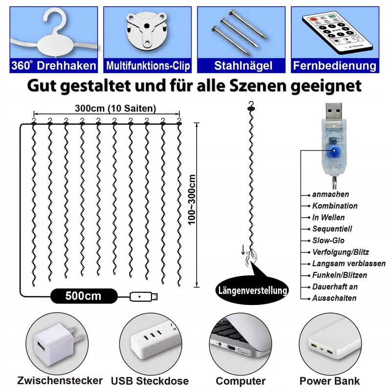 HXWEIYE LED Lichtgordijn 300LED 3x3m USB 8 Modi — foto 5