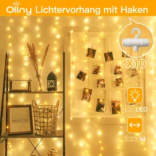 OLLNY Lichtgordijn 3x3m 300LED Warmwit Waterdicht USB — miniatuur 2