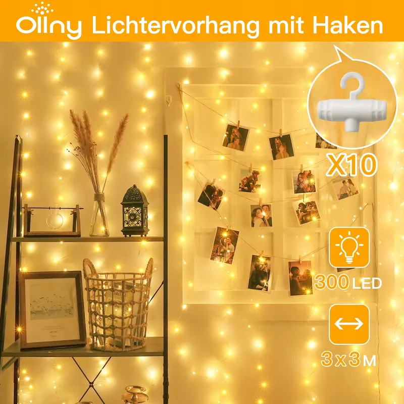 OLLNY Lichtgordijn 3x3m 300LED Warmwit Waterdicht USB — foto 2