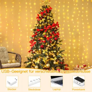 OLLNY Lichtgordijn 3x3m 300LED Warmwit Waterdicht USB — miniatuur 3