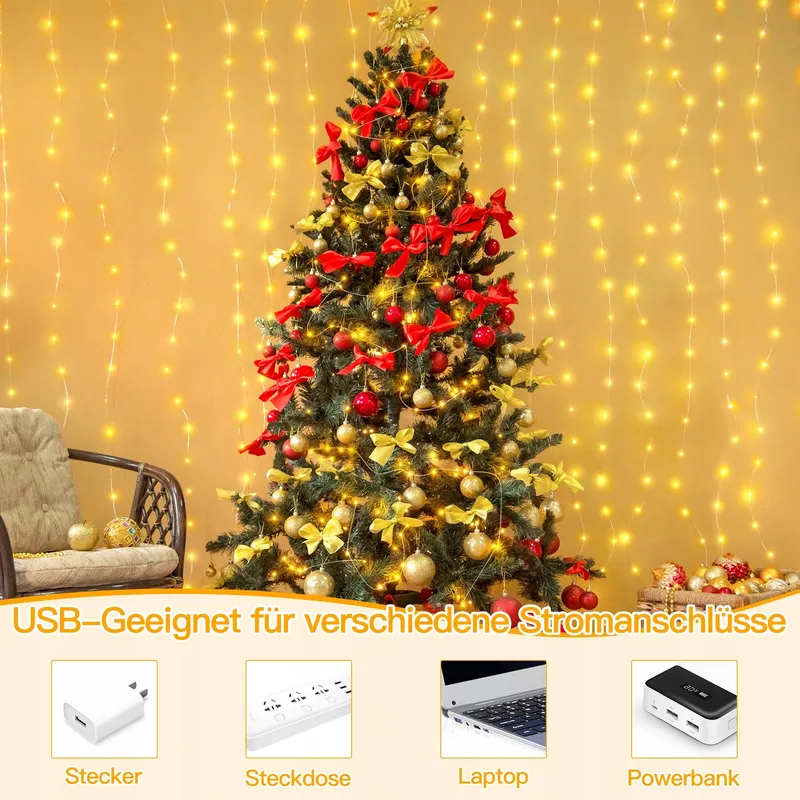 OLLNY Lichtgordijn 3x3m 300LED Warmwit Waterdicht USB — foto 3