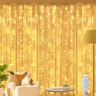 OLLNY Lichtgordijn 3x3m 300LED Warmwit Waterdicht USB — miniatuur 1