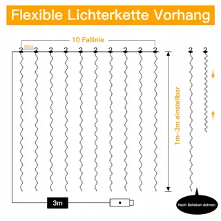 OLLNY Lichtgordijn 3x3m 300LED Warmwit Waterdicht USB — miniatuur 6
