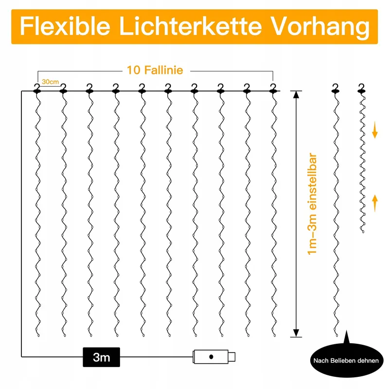 OLLNY Lichtgordijn 3x3m 300LED Warmwit Waterdicht USB — foto 6