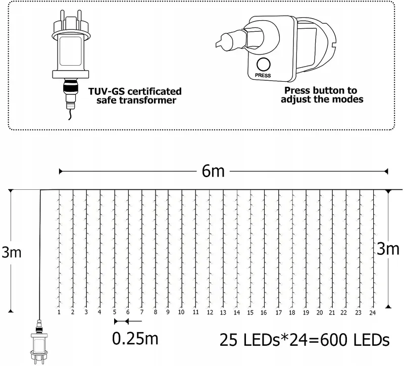JOYCOME Lichtgordijn Waterdicht 6x3m 600LED 9 Standen — foto 3