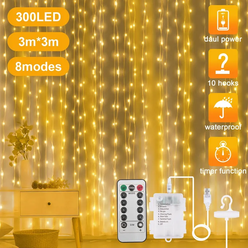 AOMIG LED Gordijnverlichting USB 3x3M Timer Waterdicht — foto 5