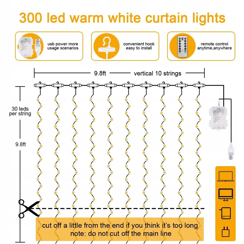 AOMIG LED Gordijnverlichting USB 3x3M Timer Waterdicht — foto 2