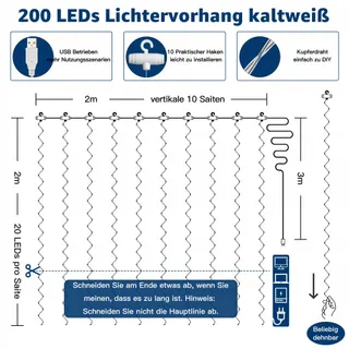 OLLNY LED Lichtgordijn 2x2m 200 LED USB Koudwit — miniatuur 8