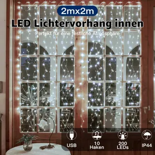 OLLNY LED Lichtgordijn 2x2m 200 LED USB Koudwit — miniatuur 2