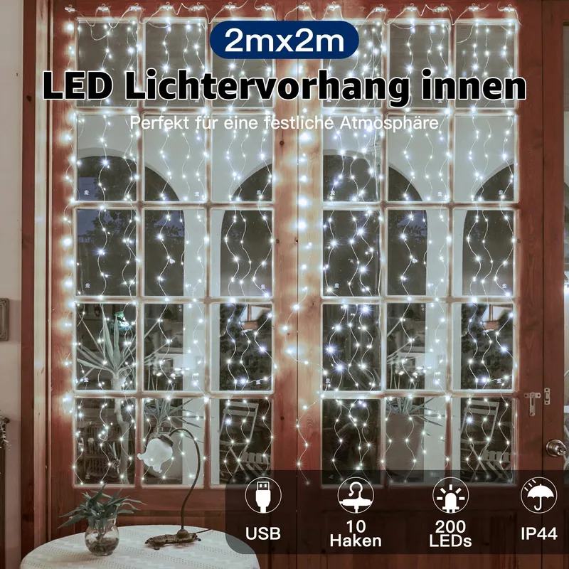 OLLNY LED Lichtgordijn 2x2m 200 LED USB Koudwit — foto 2