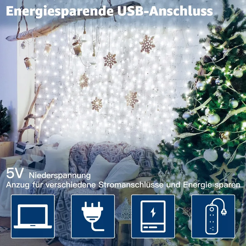 OLLNY LED Lichtgordijn 2x2m 200 LED USB Koudwit — foto 5
