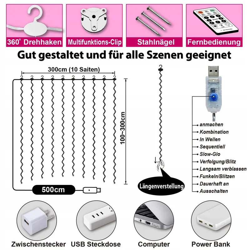 HXWEIYE LED Lichtgordijn Multikleur 300 LED 3x3m 8 Modi — foto 5