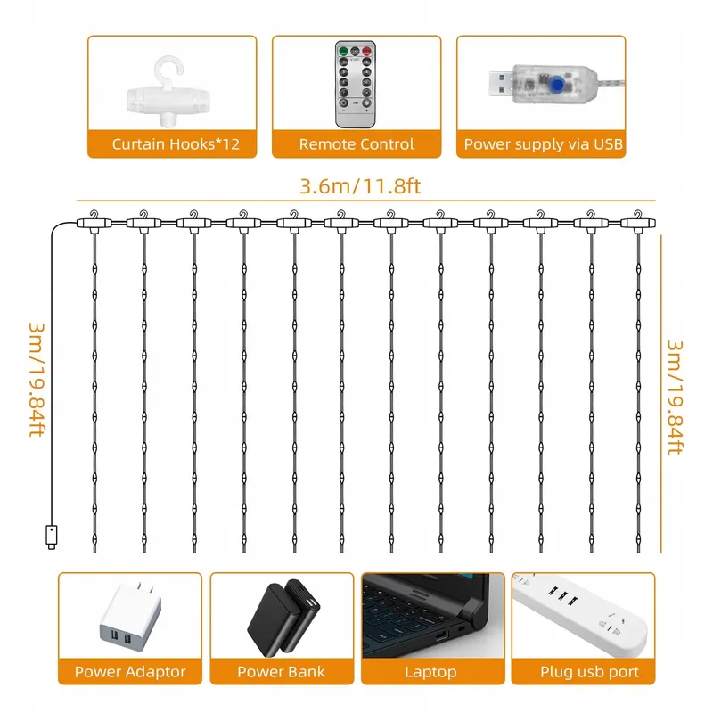 JSDOIN Lichtgordijn Decoratief 3,6x3m 360LED 8 Standen — foto 4