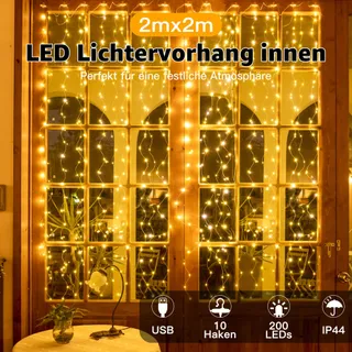 OLLNY LED Lichtgordijn Binnen Buiten 2x2m 200LED USB Warmwit — miniatuur 2