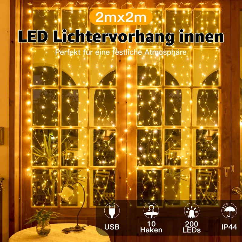 OLLNY LED Lichtgordijn Binnen Buiten 2x2m 200LED USB Warmwit — foto 2