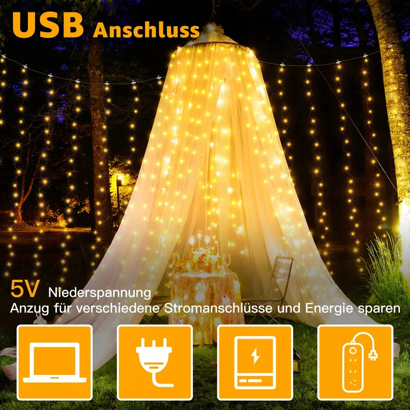 OLLNY LED Lichtgordijn Binnen Buiten 2x2m 200LED USB Warmwit — foto 5