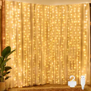 OLLNY LED Lichtgordijn Binnen Buiten 2x2m 200LED USB Warmwit — miniatuur 1