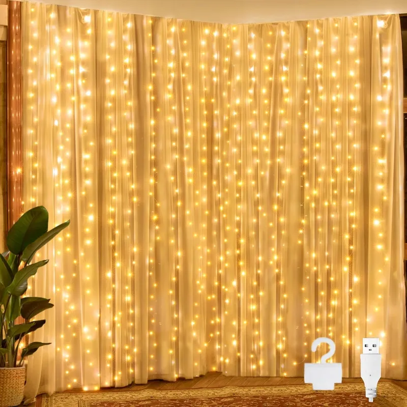 OLLNY LED Lichtgordijn Binnen Buiten 2x2m 200LED USB Warmwit — foto 1