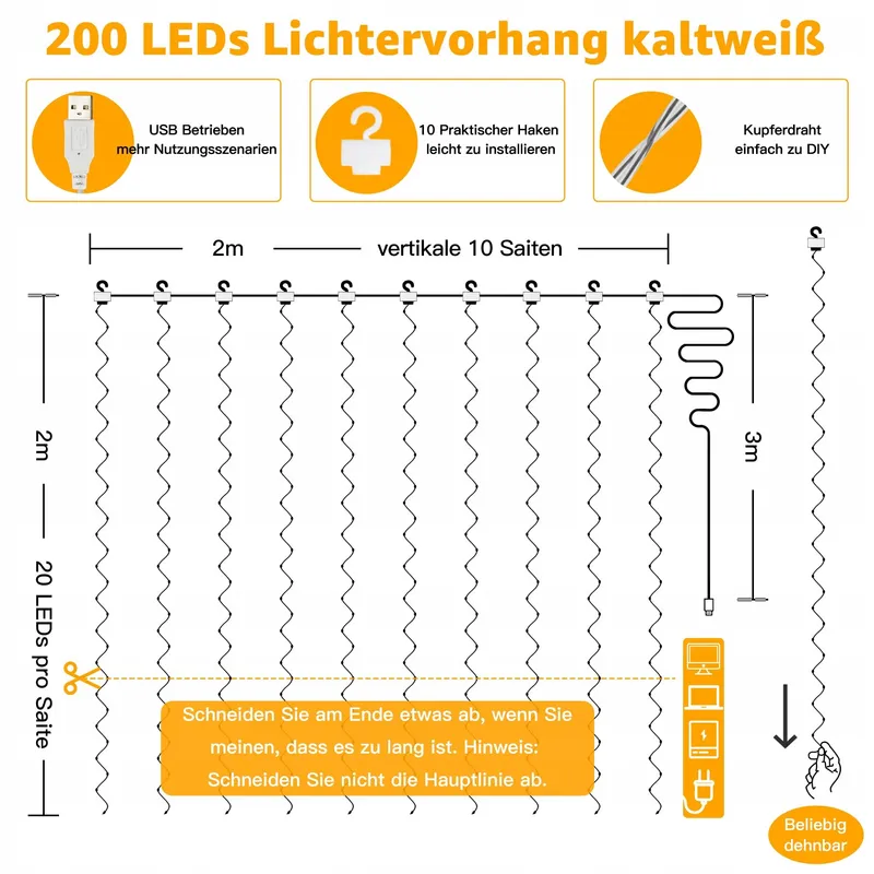OLLNY LED Lichtgordijn Binnen Buiten 2x2m 200LED USB Warmwit — foto 8