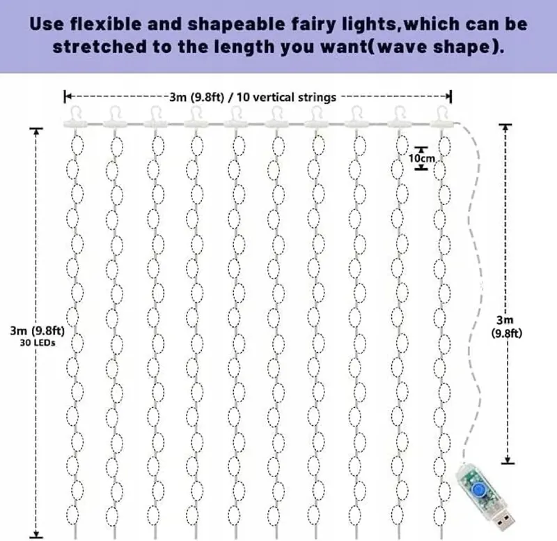 JONURPHY Lichtgordijn Waterdicht 3x3M 300LED 8 Modi USB — foto 4