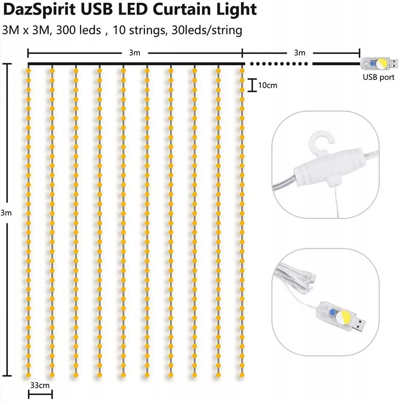 DAZSPIRIT Lichtgordijn 3x3m 300 LED USB Waterdicht Wit — foto 2