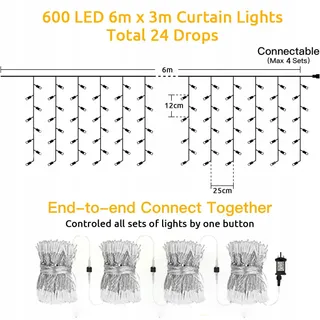 DEKOFUN Lichtgordijn 6x3m 600 LED IP65 Waterdicht Warmwit — miniatuur 5