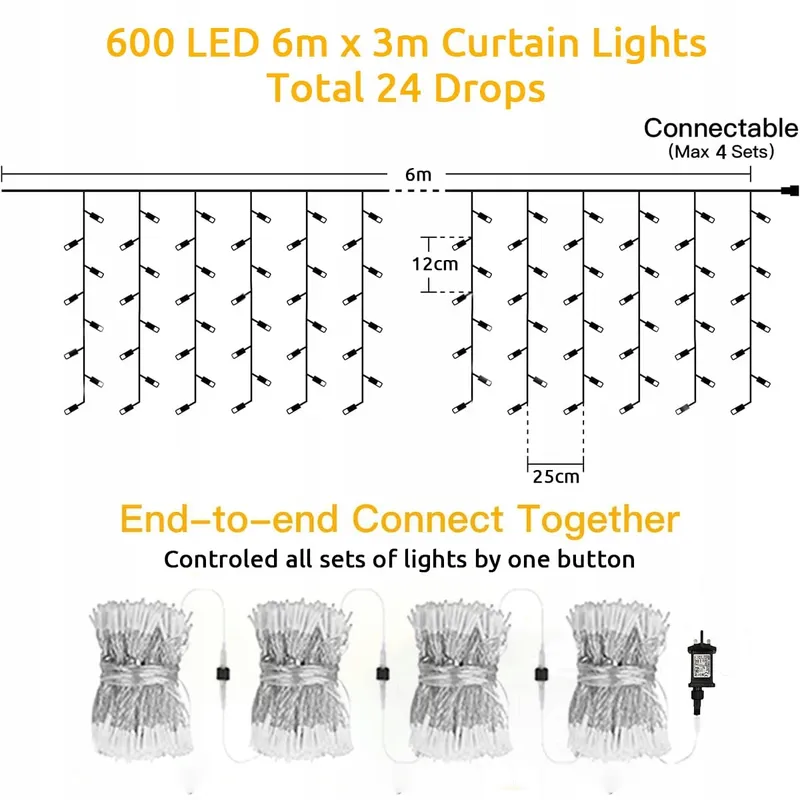 DEKOFUN Lichtgordijn 6x3m 600 LED IP65 Waterdicht Warmwit — foto 5