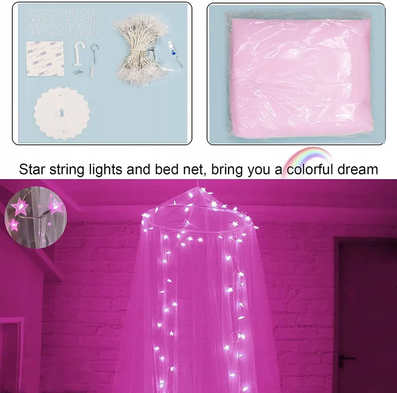 HEYCOLOR Bedhemel met Verlichting 100 LED Roze Meisjes — foto 6