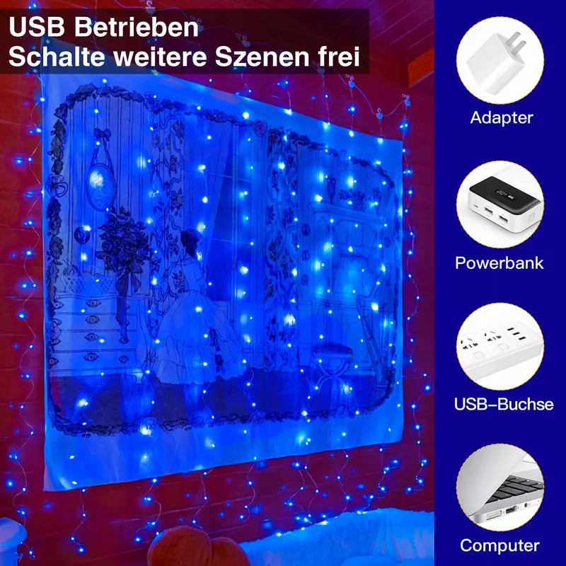 OLLNY LED Lichtgordijn 2x2m 200 LED USB Raam — foto 3