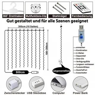 HXWEIYE Lichtgordijn 3x3m 300 LED USB Wit Afstandsbediening — miniatuur 5