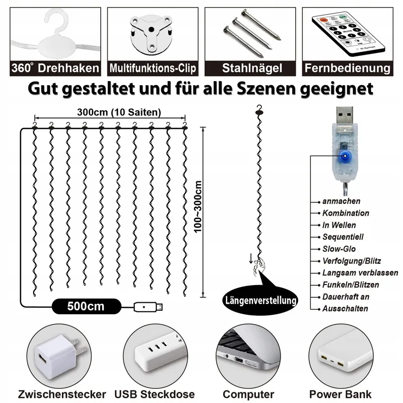 HXWEIYE Lichtgordijn 3x3m 300 LED USB Wit Afstandsbediening — foto 5
