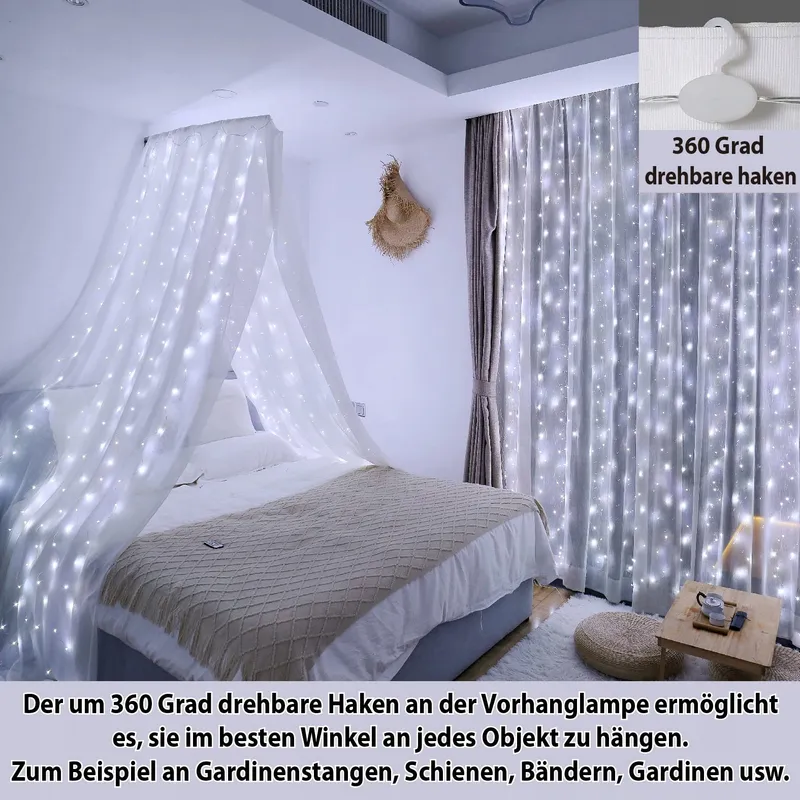 HXWEIYE Lichtgordijn 3x3m 300 LED USB Wit Afstandsbediening — foto 2