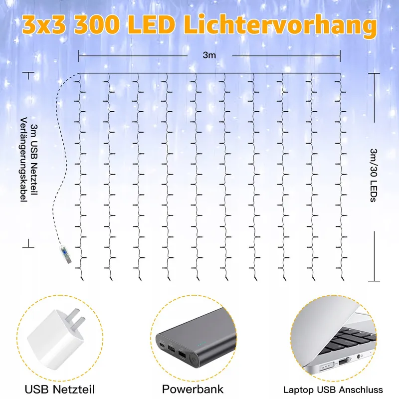 OLLNY Lichtgordijn 3x3M 300 LED USB Afstandsbediening — foto 5