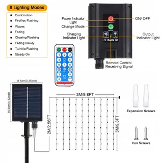 JIMACRO Solar Lichtgordijn Waterdicht 3x3M 300 LED 8 Modi — miniatuur 6