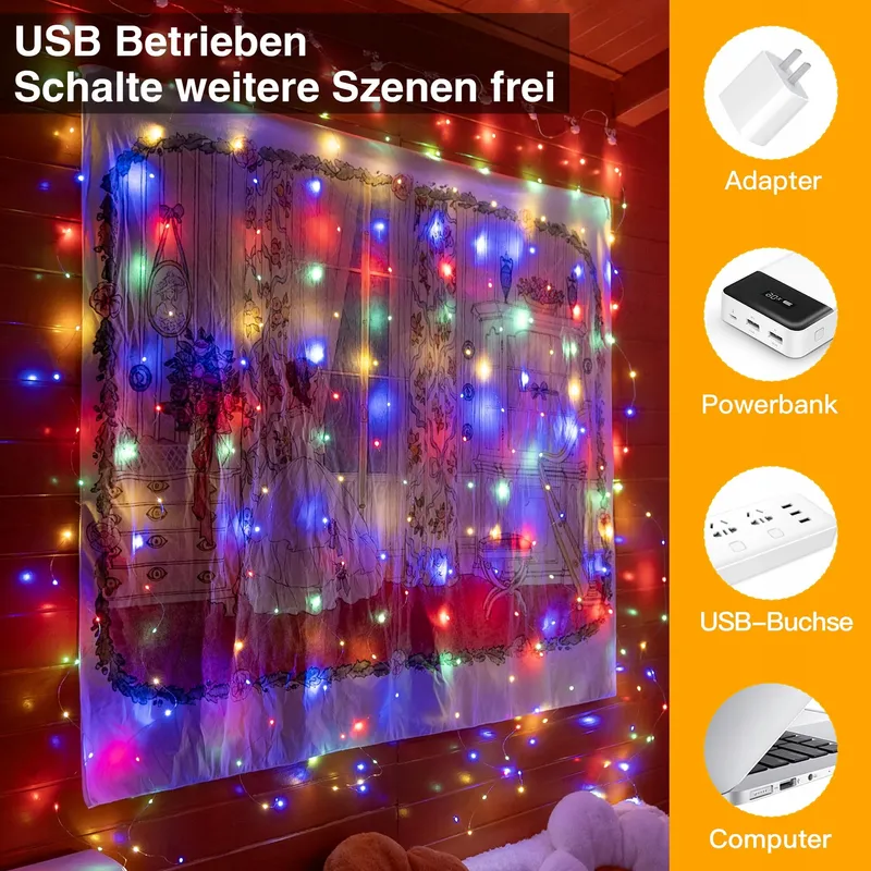 OLLNY LED Lichtgordijn Binnen 2x2m 200 LED USB — foto 3