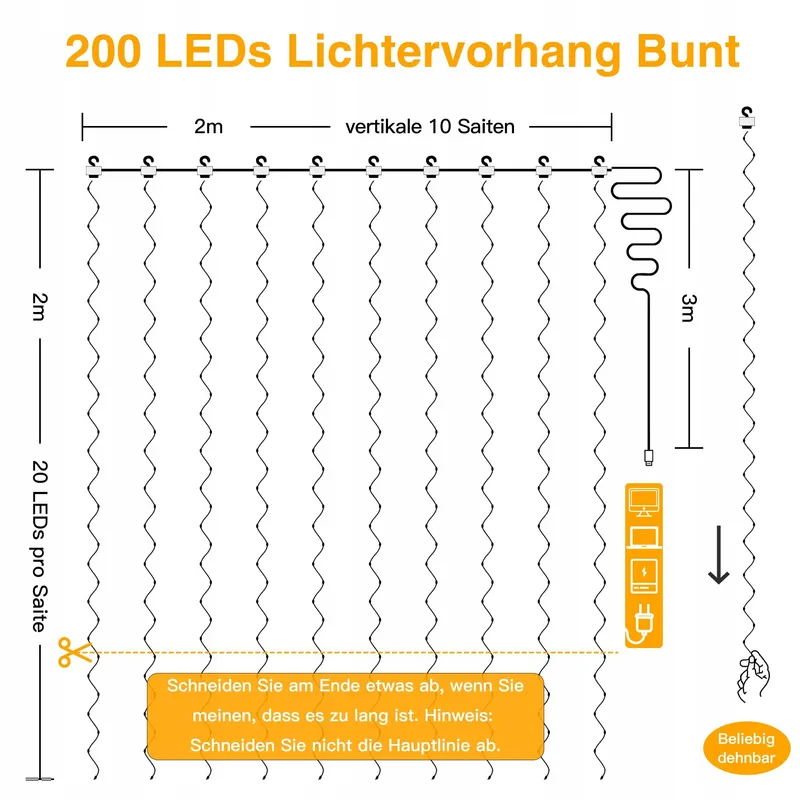 OLLNY LED Lichtgordijn Binnen 2x2m 200 LED USB — foto 4