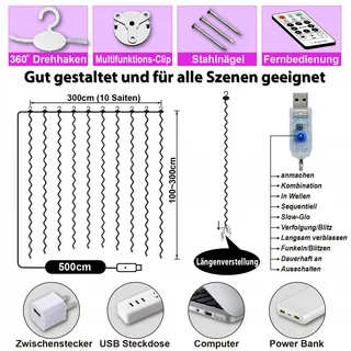 HXWEIYE LED Lichtgordijn 3x3m 300 LED USB Afstandsbediening — miniatuur 5
