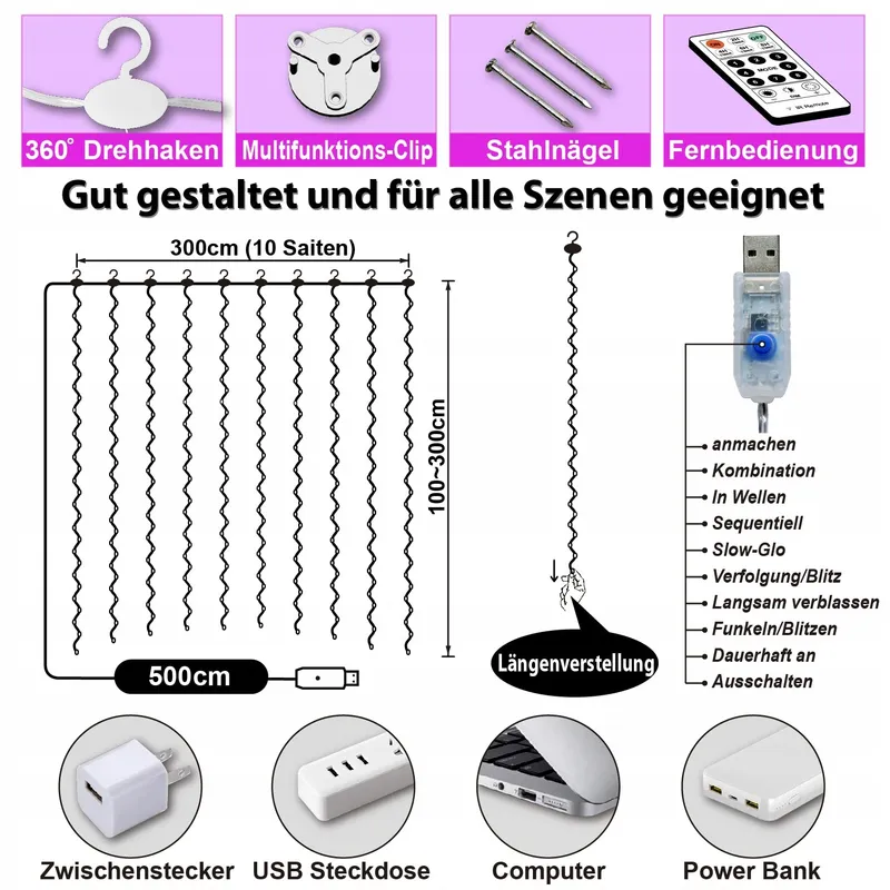 HXWEIYE LED Lichtgordijn 3x3m 300 LED USB Afstandsbediening — foto 5