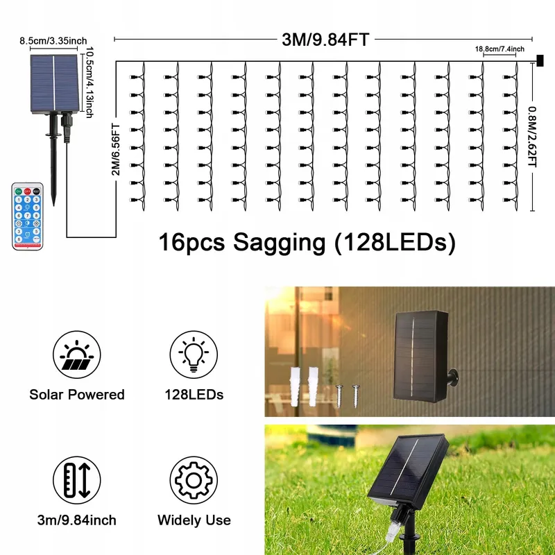 MXJFYY Solar Lichtsnoer 5M 128 LED 8 Modi Afstandsbediening — foto 3