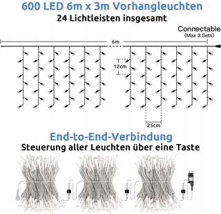 DEKOFUN Lichtgordijn Waterdicht 600 LED 6x3m — miniatuur 4