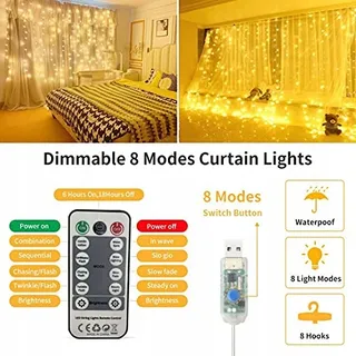 WALCHO LED Gordijnverlichting 2,4x1,8m 144 LED USB Warm Wit — miniatuur 4