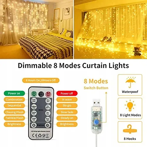 WALCHO LED Gordijnverlichting 2,4x1,8m 144 LED USB Warm Wit — foto 4