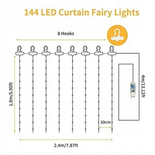 WALCHO LED Gordijnverlichting 2,4x1,8m 144 LED USB Warm Wit — miniatuur 6