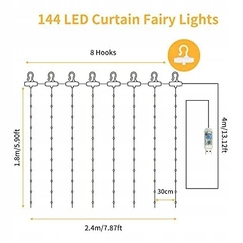 WALCHO LED Gordijnverlichting 2,4x1,8m 144 LED USB Warm Wit — foto 6