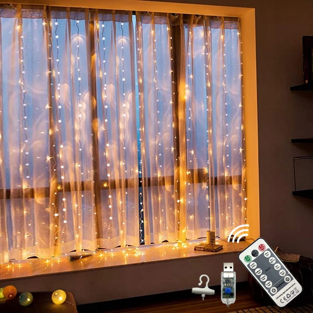 WALCHO LED Gordijnverlichting 2,4x1,8m 144 LED USB Warm Wit