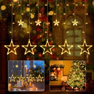 ISHABAO LED Lichtgordijn Sterren Kerst Timer 138 LED — miniatuur 1