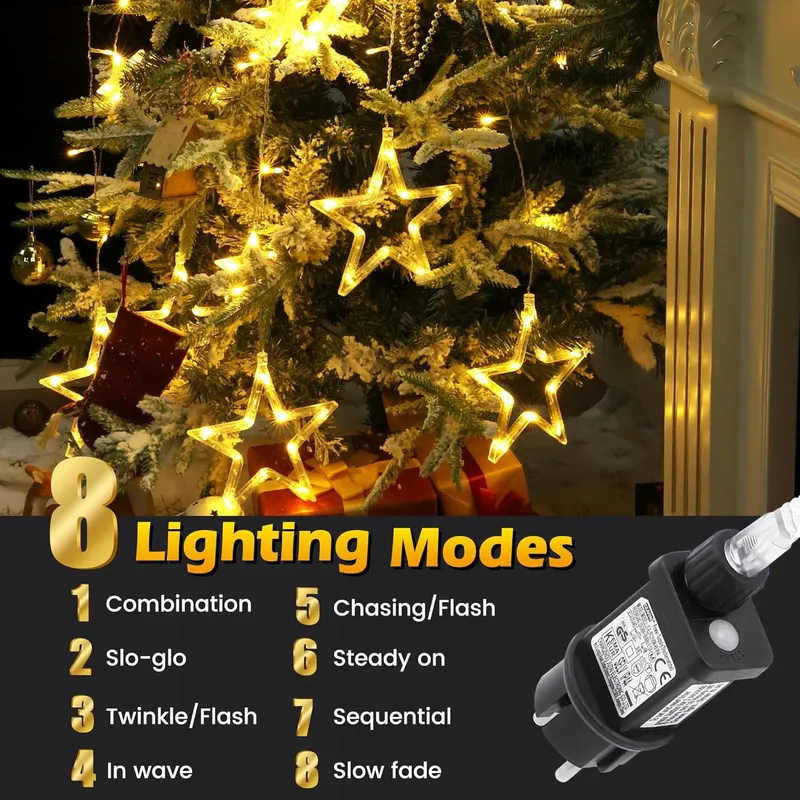 ISHABAO LED Lichtgordijn Sterren Kerst Timer 138 LED — foto 5