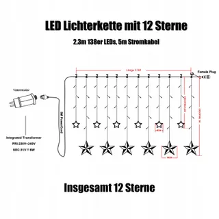 INTERGO LED Lichtgordijn Sterren Kerst 8 Standen 138 LED — miniatuur 6